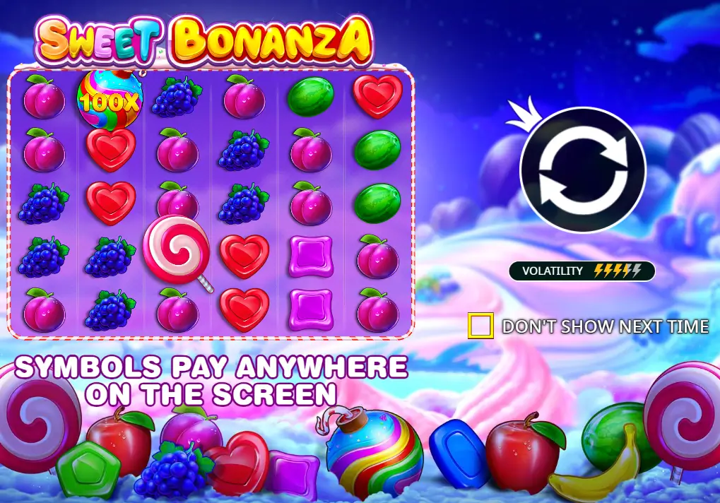 Jogo Sweet Bonanza com frutas coloridas e símbolos doces