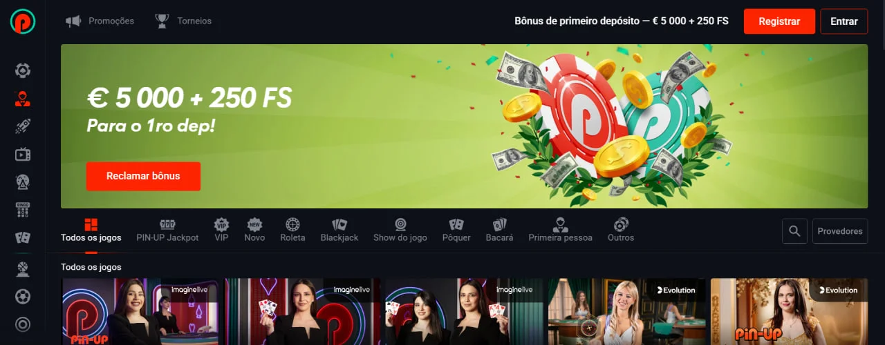Página inicial do cassino Pin Up com destaque para bônus de boas-vindas de €5.000 e 250 rodadas grátis, além de jogos populares como Aviator, Lucky 7 e Thunder Coins.
